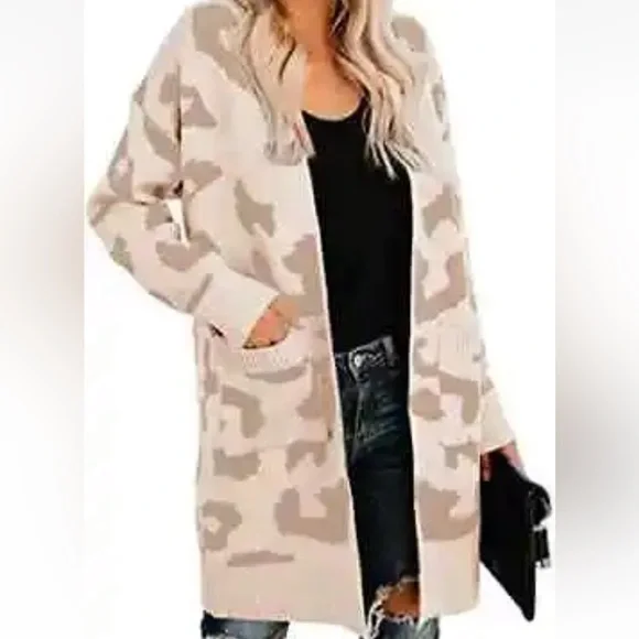 Soulomelody Msikiver Leopard Print Tan Cardigan Womens Large Open Front Sweater - Picture 2 of 5